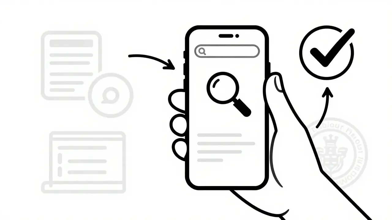 Illustration stylisée montrant la vérification d'un médicament générique via un smartphone