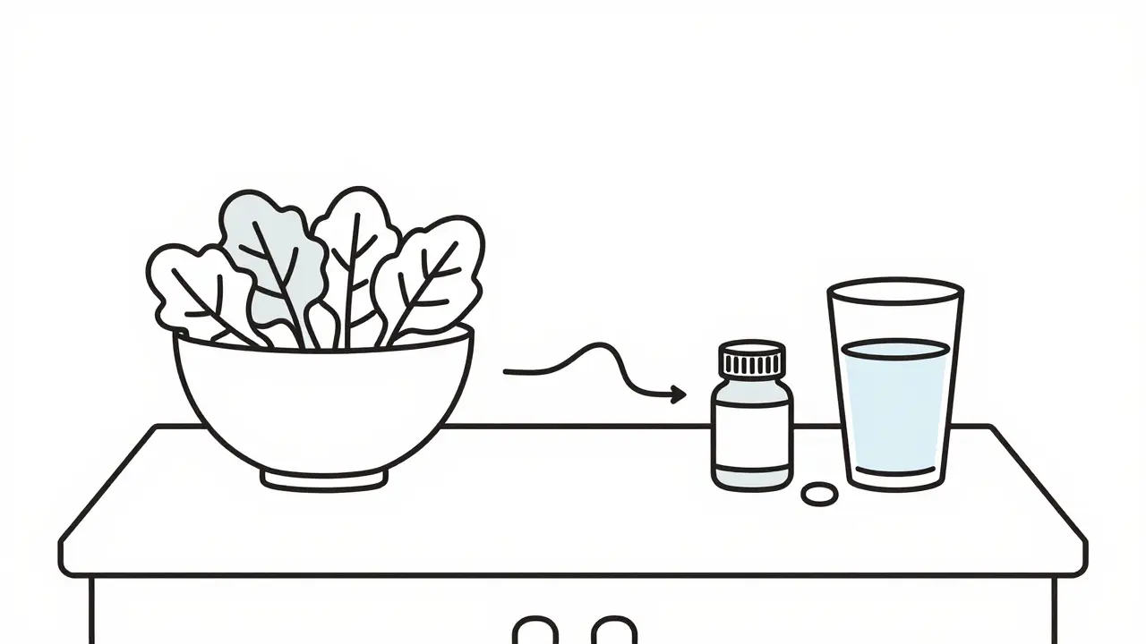 Légumes verts et médicaments reliés par une ligne unique illustrant l'interaction alimentation-warfarine