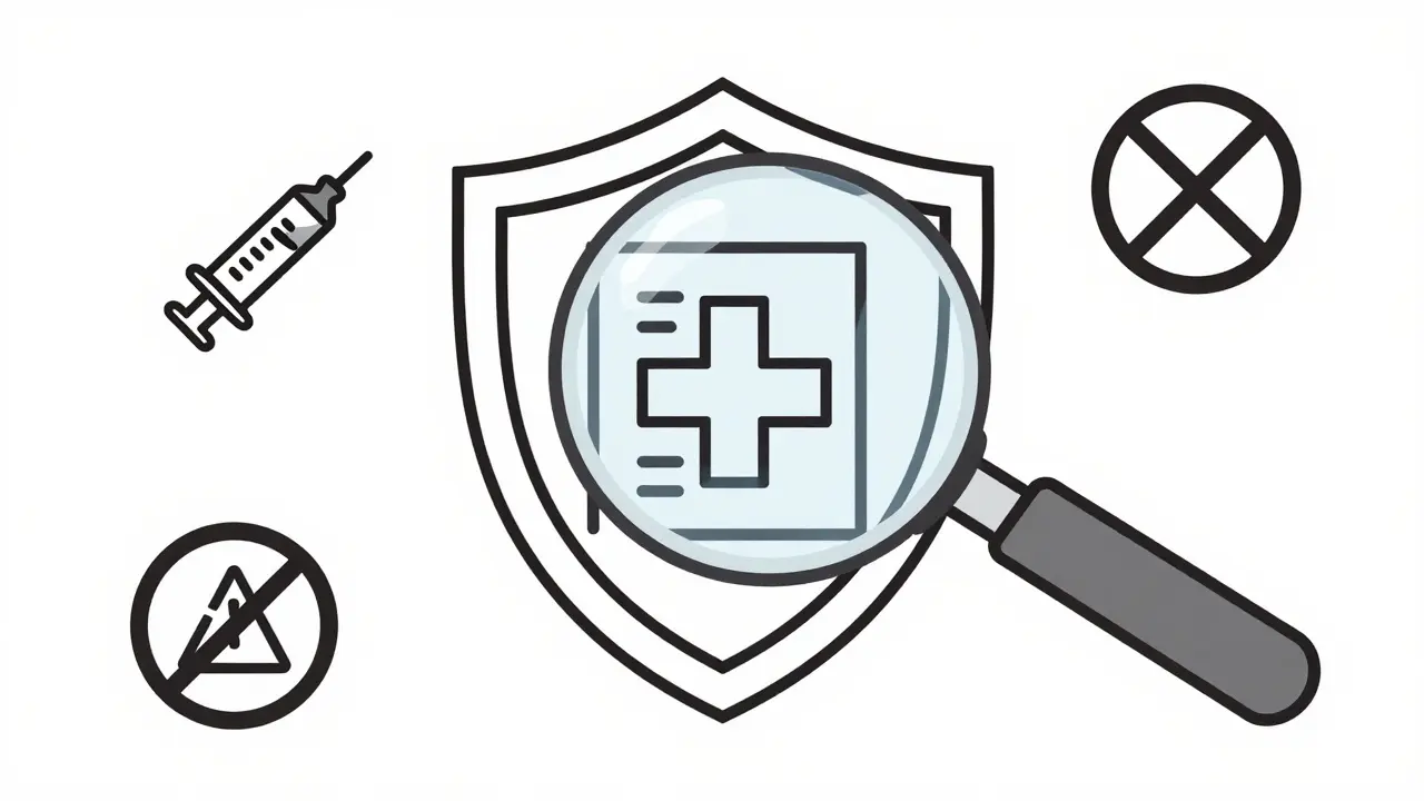 Loupes et bouclier symbolisant la sécurité des pharmacies en ligne