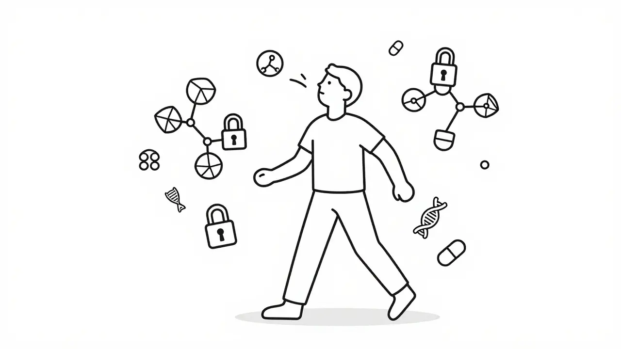 Personnage actif entouré de symboles moléculaires représentant les nouveaux traitements.