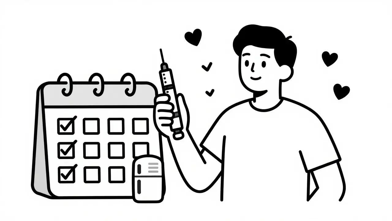 Personne confiante tenant un stylo injecteur dans une illustration monoligne