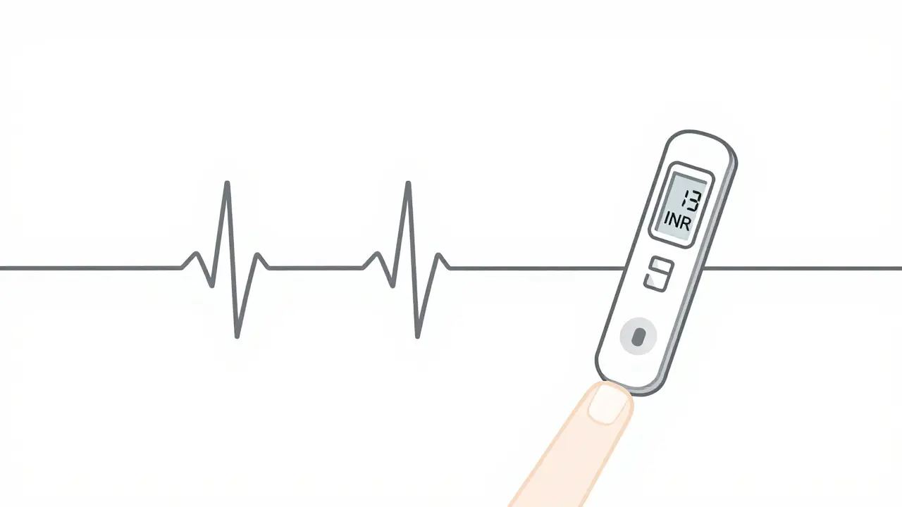 Test de piqûre au doigt connecté à un écran via une ligne continue représentant le suivi INR