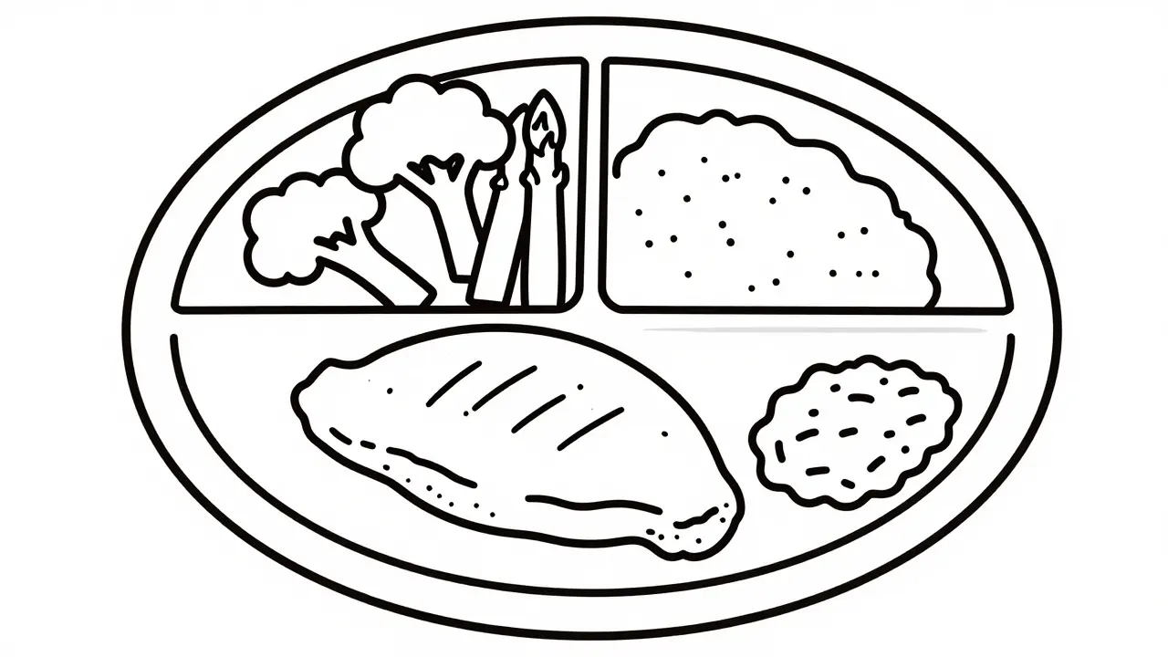 Assiette divisée en légumes, protéines et glucides