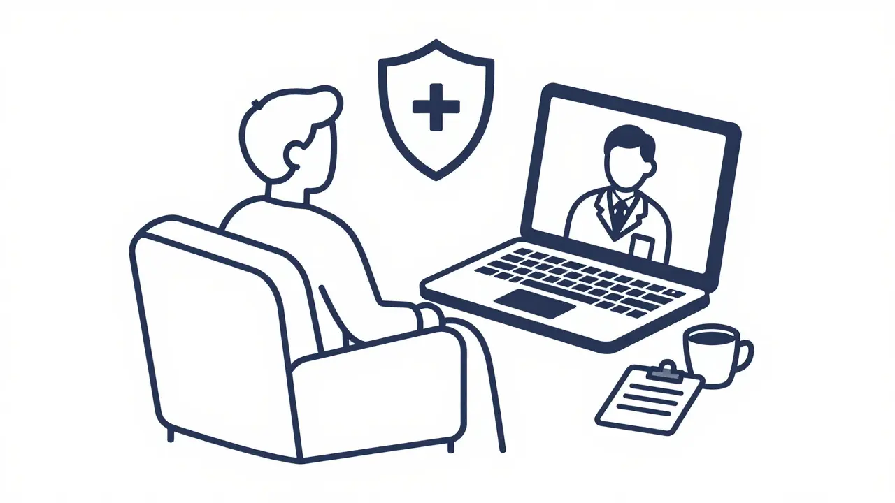 Consultation médicale en ligne sécurisée représentée par une personne devant un ordinateur et un bouclier.