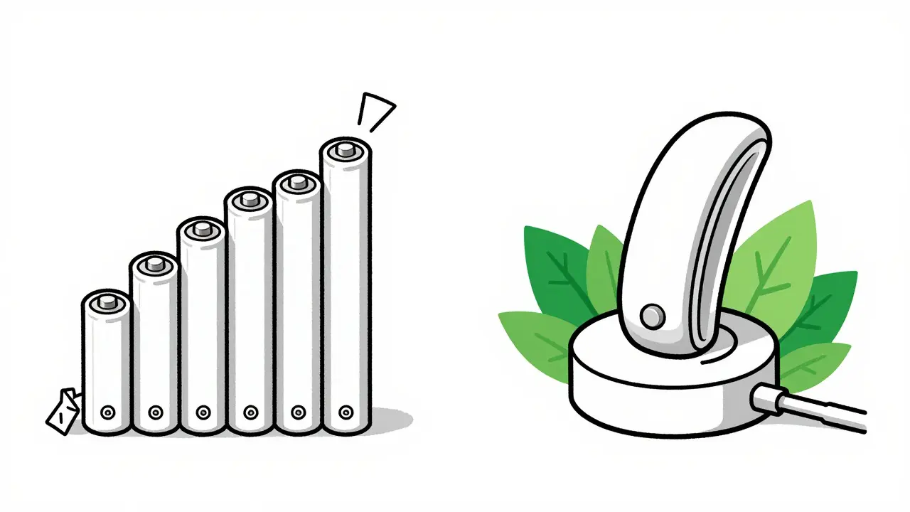 Dessin au trait noir : piles jetables accumulées contre batterie rechargeable écolo