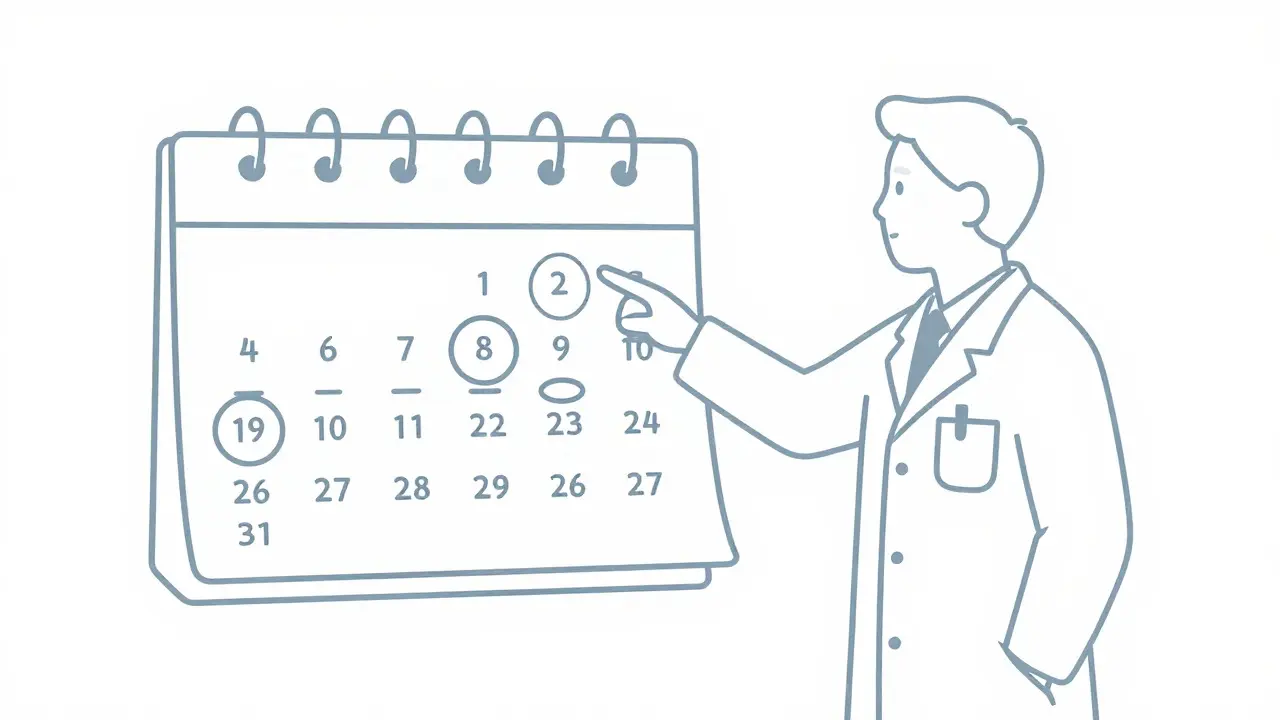 Dessin monoligne d'un patient notant les dates sur un calendrier pour surveiller ses symptômes