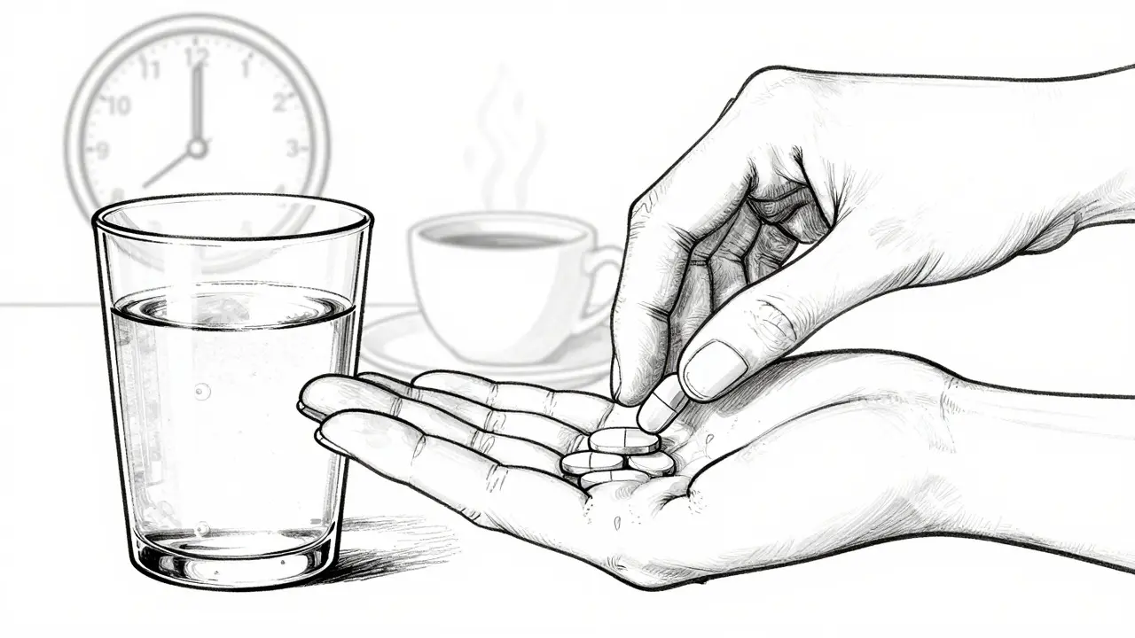 Dessin monoligne montrant la prise de médicament à jeun avec de l'eau