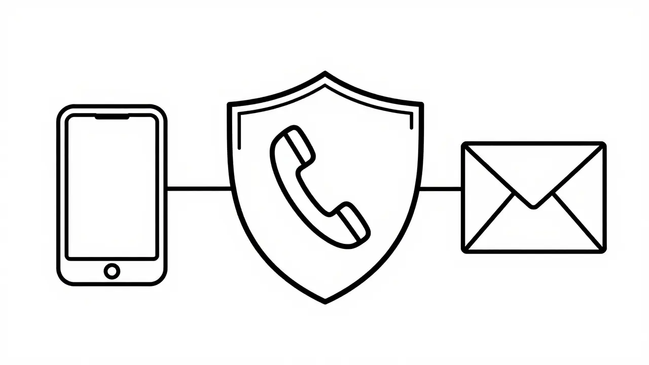 Icônes de téléphone, web et courrier reliées à un bouclier de sécurité