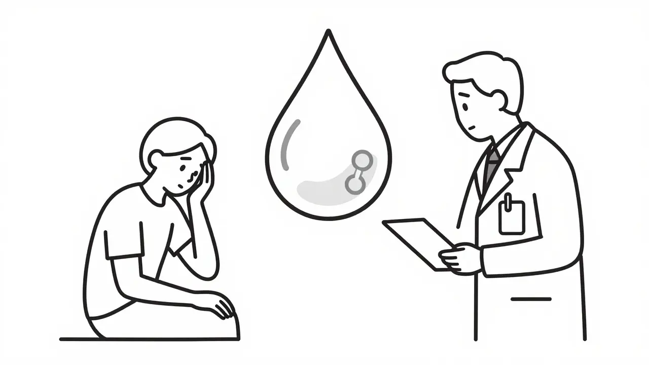 Illustration linéaire d'un médecin et d'un patient fatigué avec une goutte de sang