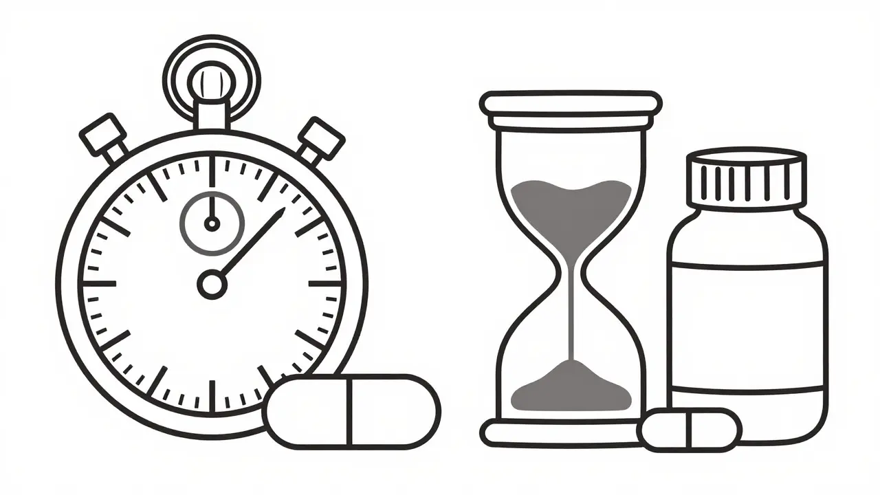 Illustration monoligne comparant les délais de réaction rapides et lents des médicaments