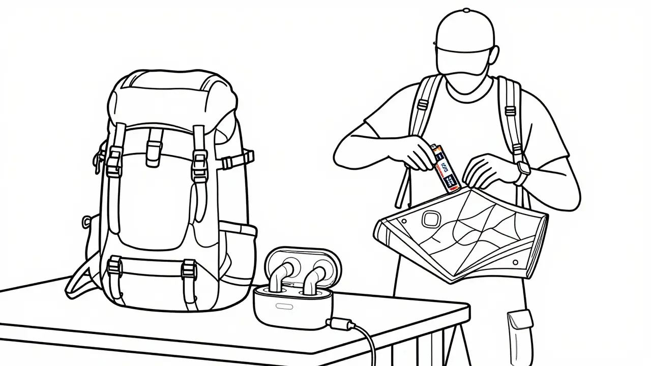 Illustration simple : sac de randonnée avec piles de secours et boîtier de charge