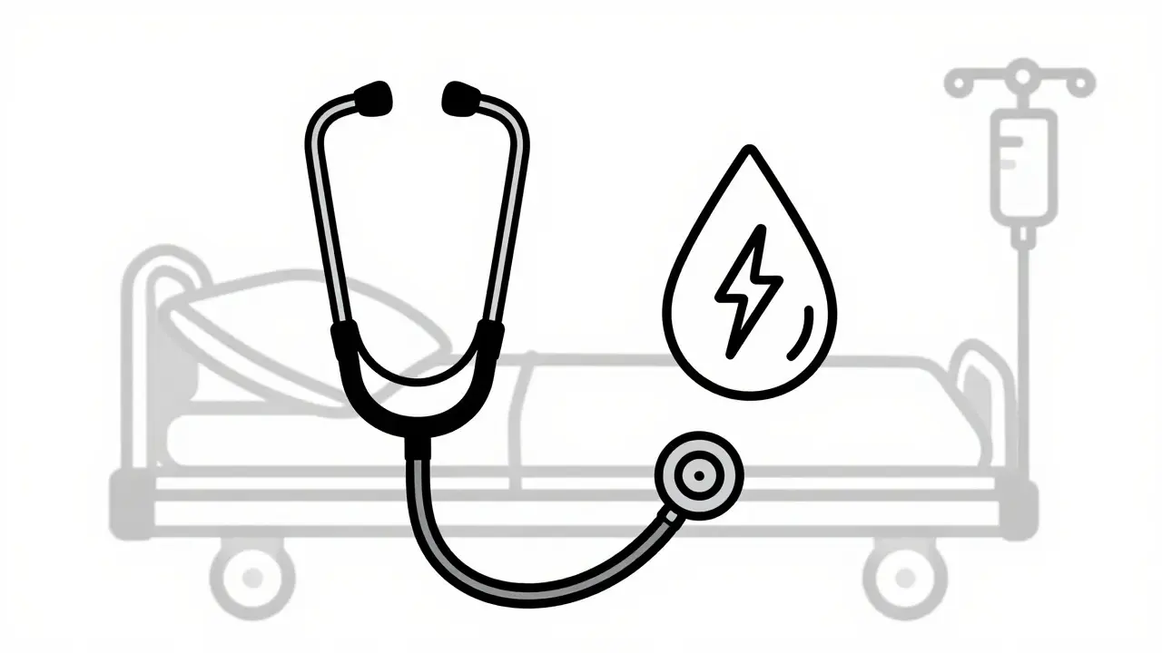 Stéthoscope et goutte de sang symbolisant la surveillance médicale