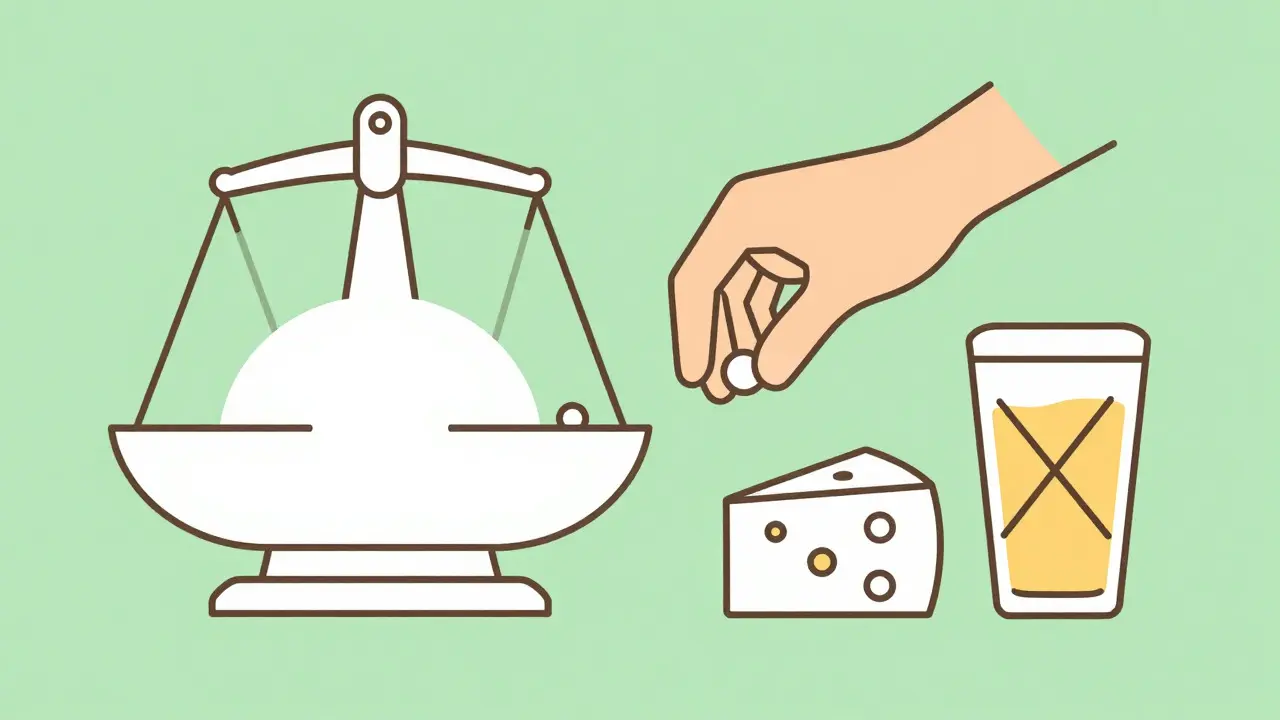 Balance avec pilules et aliments interdits croisés en style monoligne