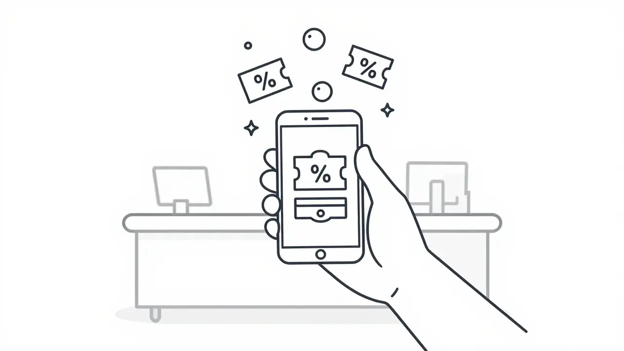 Dessin au trait montrant l'utilisation d'applications pour obtenir des réductions sur les ordonnances