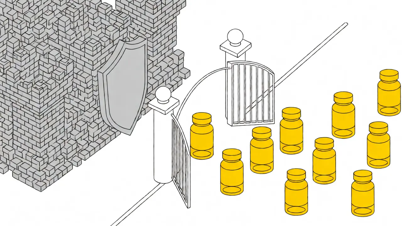 Dessin au trait montrant la barrière des brevets s'ouvrant pour laisser entrer les médicaments génériques.