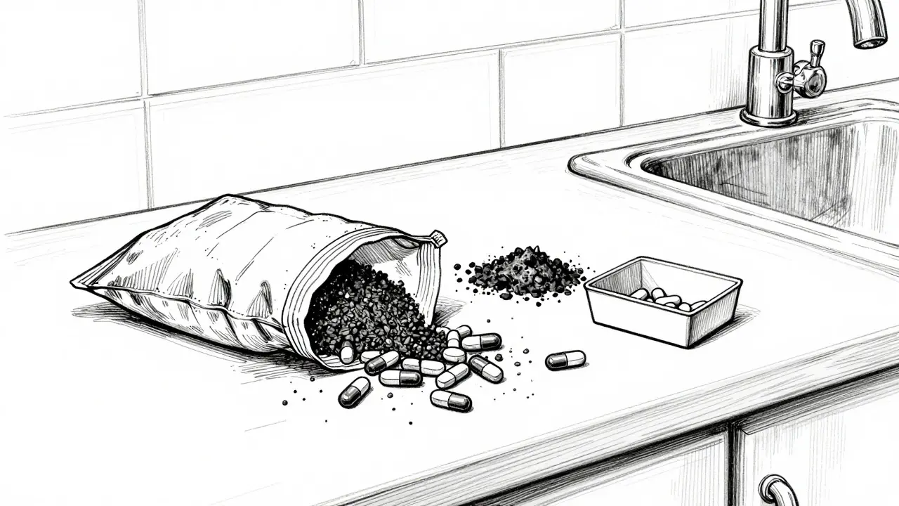 Dessin au trait unique de médicaments mélangés à du marc de café