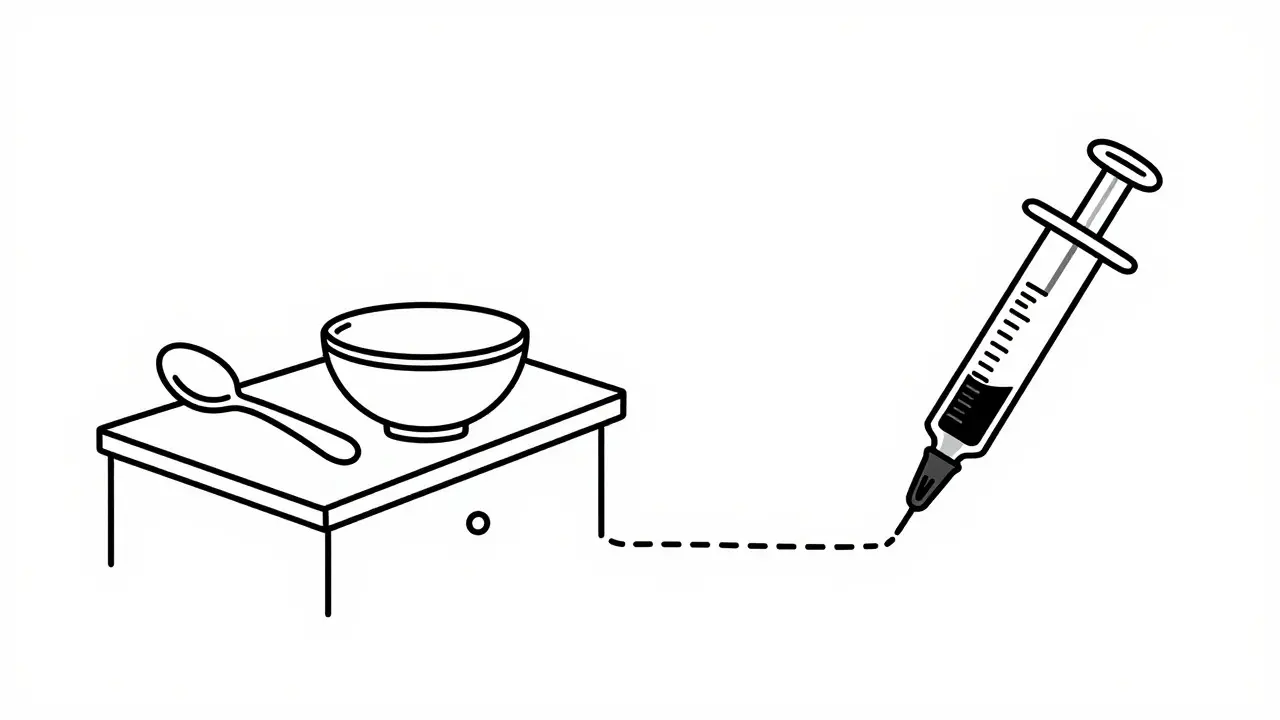 Dessin monoligne comparant une cuillère de cuisine et une seringue orale graduée pour le dosage