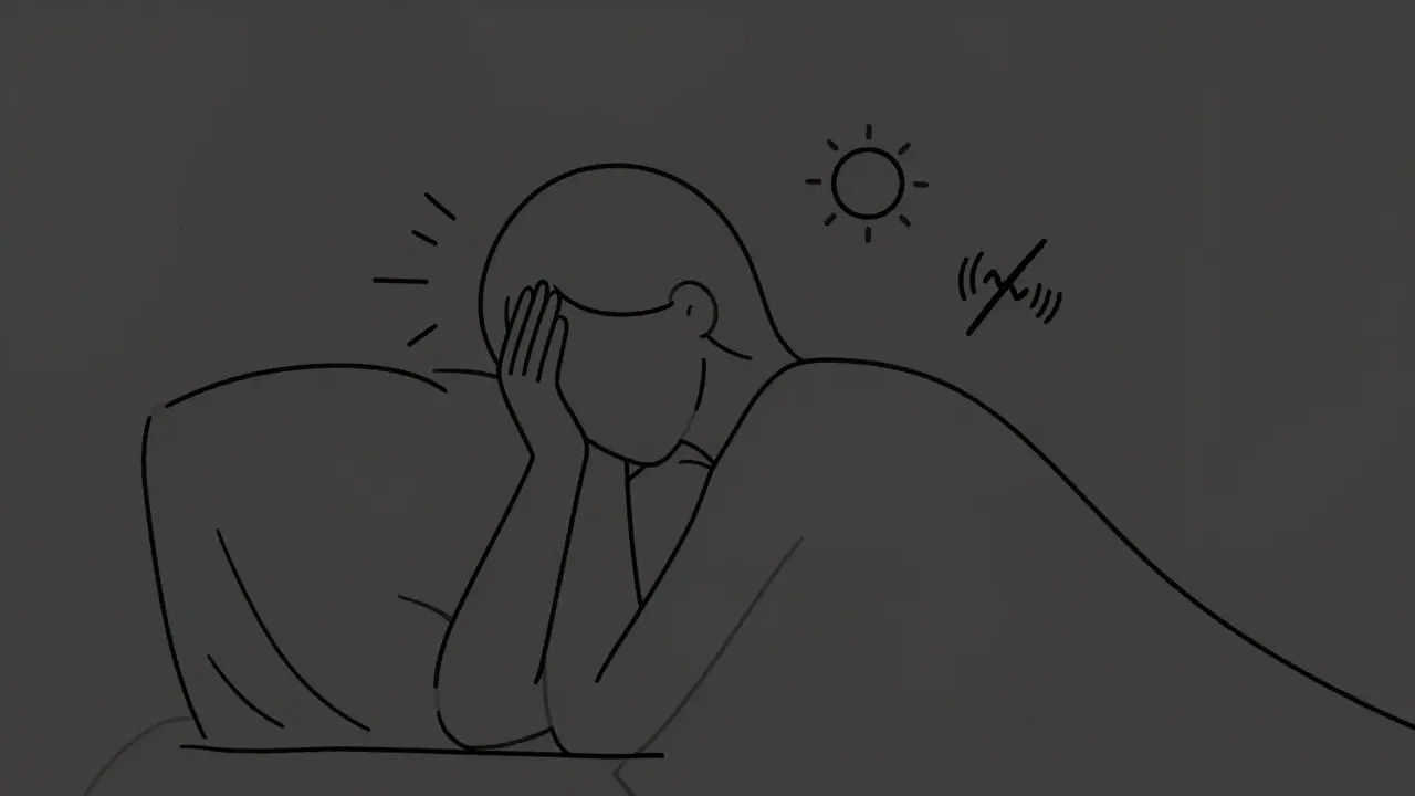 Dessin monoligne d'une personne souffrant de migraine dans le noir, avec des lignes pulsantes.