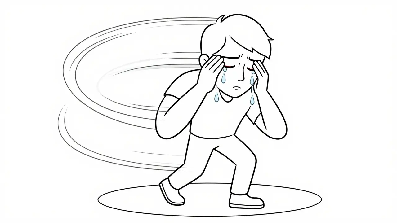 Illustration monoligne d'une personne agitée tenant son œil lors d'une crise de grappe.