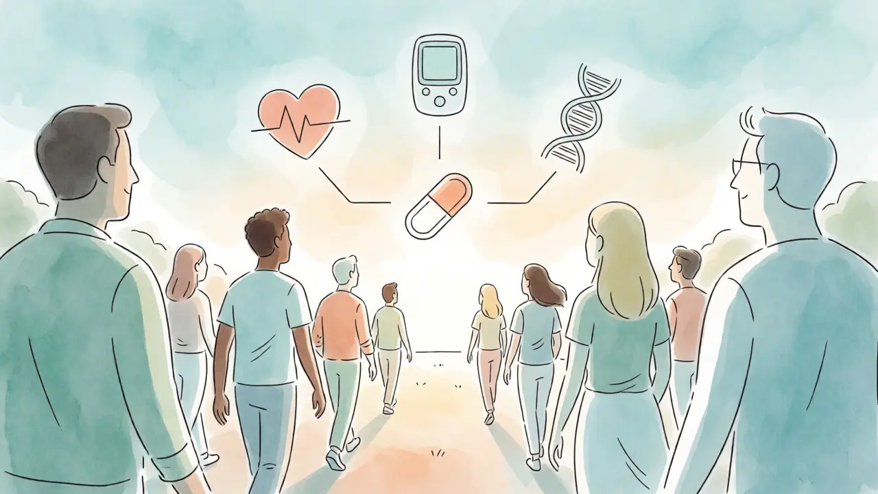 Illustration monoline de personnes avançant vers un avenir de santé durable grâce aux médicaments abordables.