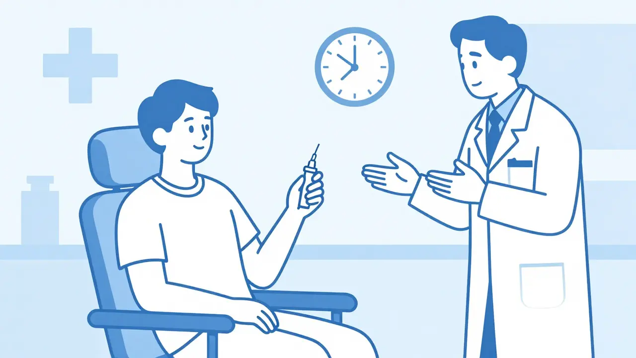 Patient avec autostylo d'adrénaline en consultation médicale après injection