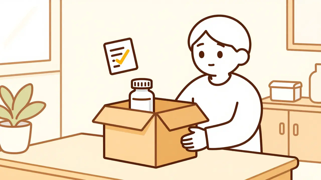 Personnage recevant sa commande de médicaments à domicile dans une boîte