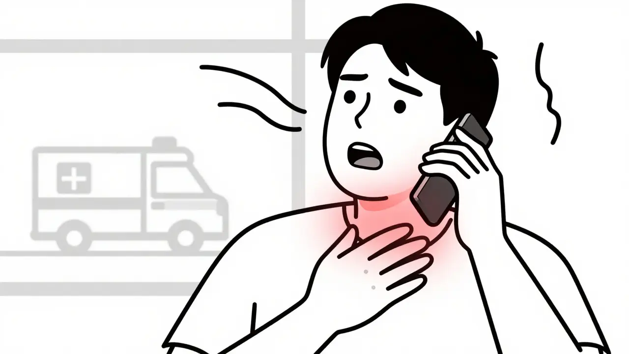 Personne appelant les urgences en se tenant la gorge, illustrant l'anaphylaxie