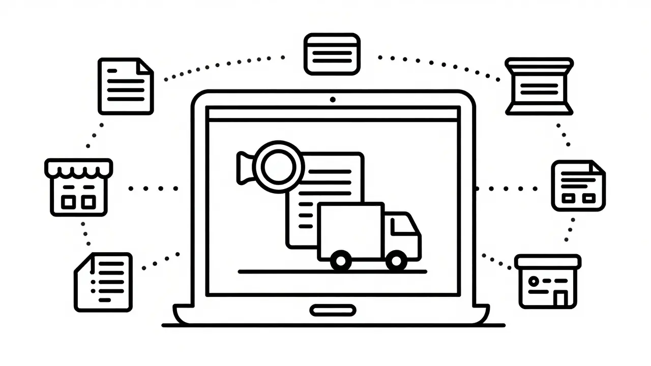 Schéma de consultation vidéo et livraison en ligne, style monoligne