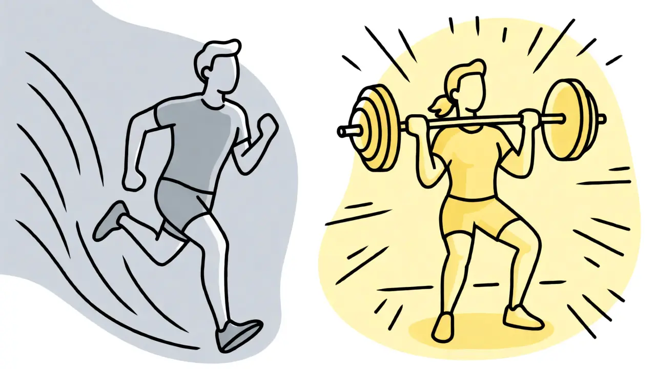 Dessin au trait comparant les effets du cardio et de la musculation sur le corps.