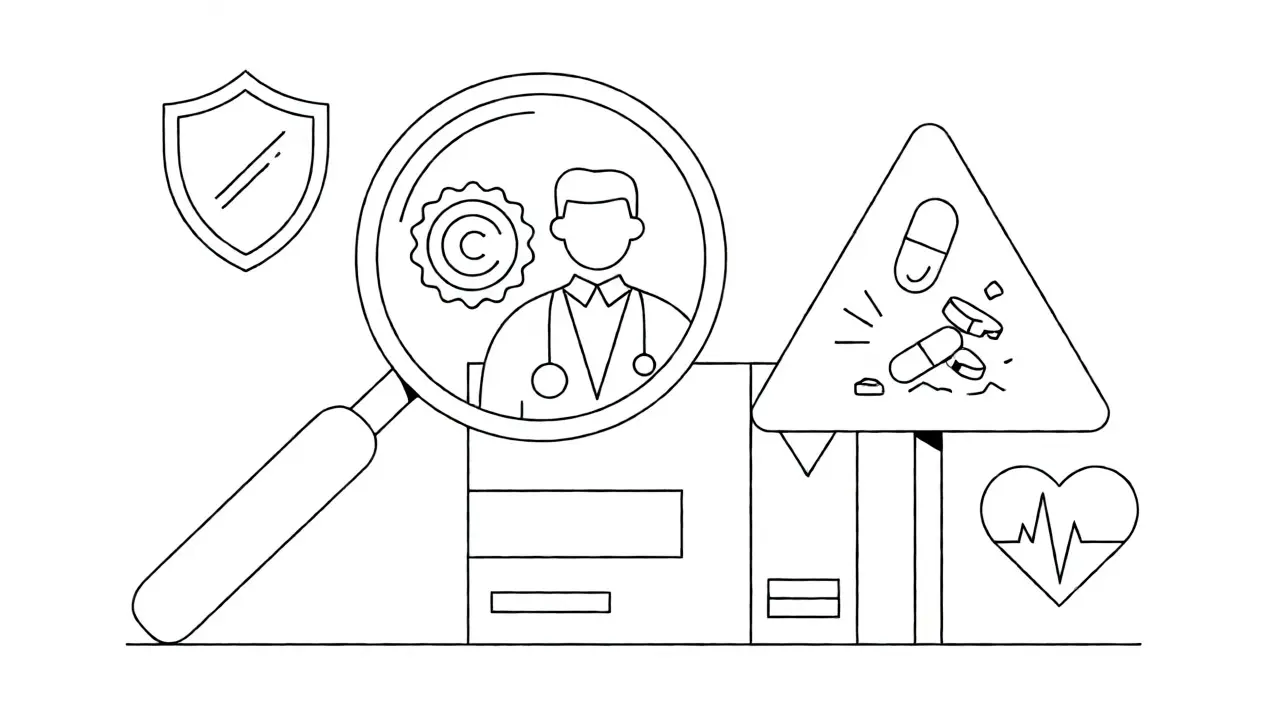 Illustration conceptuelle avec loupe inspectant une boîte de médicament et icônes de sécurité.