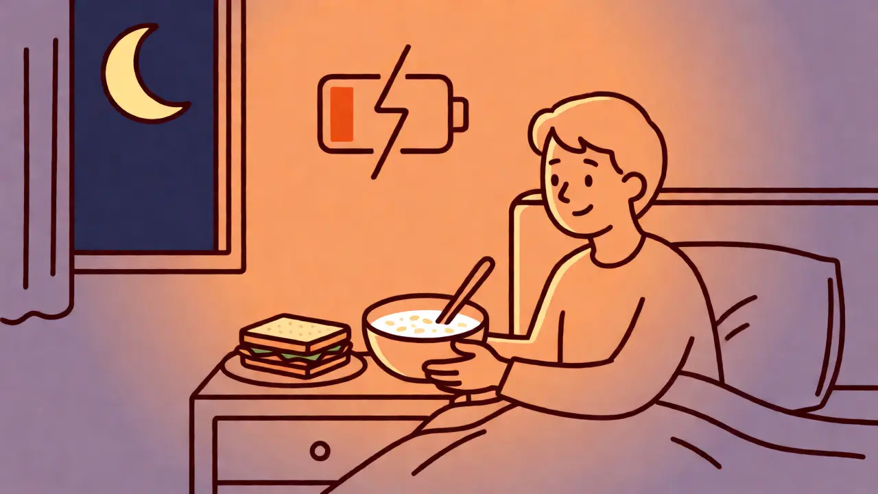 Illustration monoline d'une collation nocturne pour prévenir l'hypoglycémie tardive.